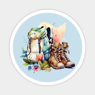 Backpack And Boots Watercolor Style Hiking Scene Magnet